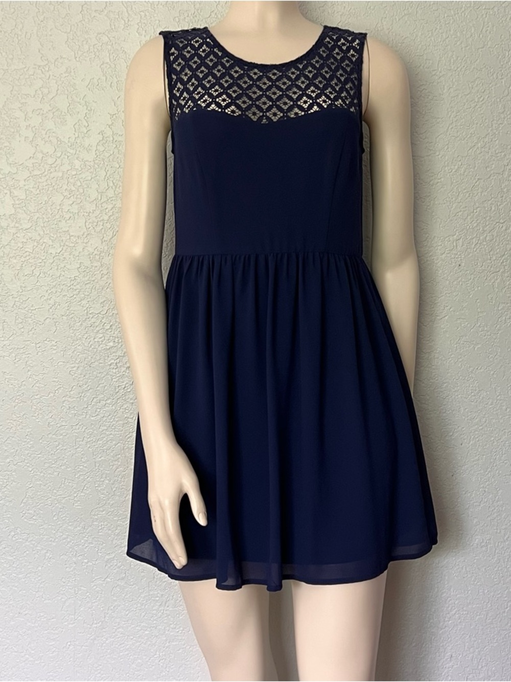Navy Lace Mini Dress Sleeveless Fit Flare Summer Womens Small Wedding Guest
